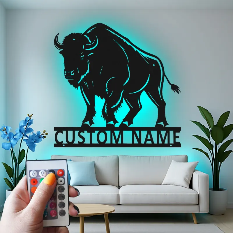 Insegna in metallo LED personalizzata con bisonte - Regalo per amanti della natura e decorazione rustica per il soggiorno