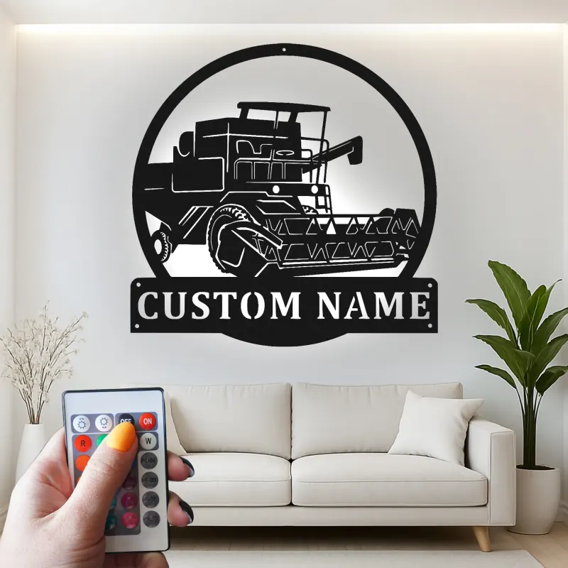 Cartel de metal LED personalizado de cosechadora de cereales Regalo para agricultores Decoración rústica de granja