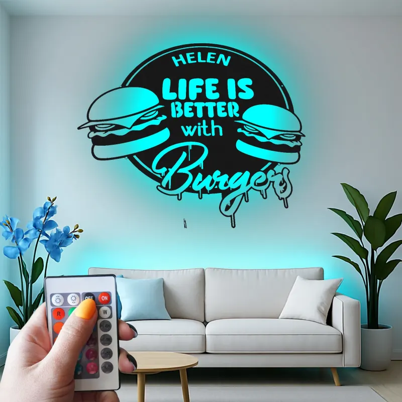 Insegna in metallo personalizzata con luce LED per amanti degli hamburger, regalo divertente per la cucina, decorazione per sala da pranzo