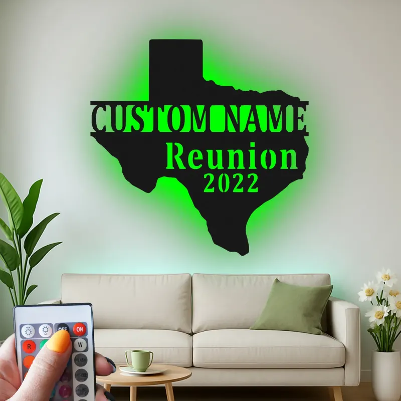 Enseigne en métal LED personnalisée Texas | Décoration murale pour réunion de famille personnalisée | Décor en silhouette d'état rustique