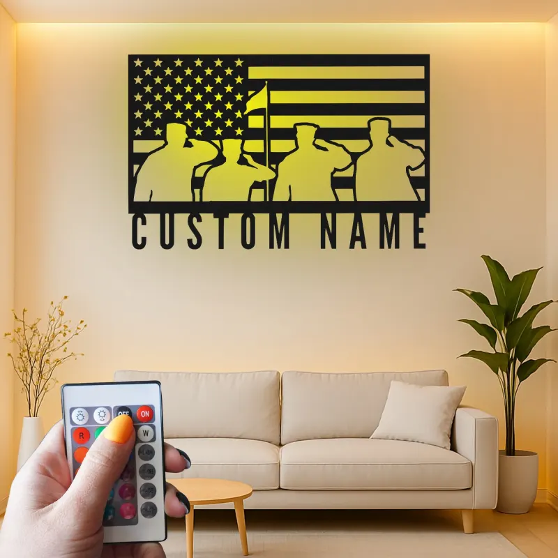 Patriotic American Flag Metal Sign | Custom Veteran Name Wall Art | LED Backlit Military Silhouette Decor