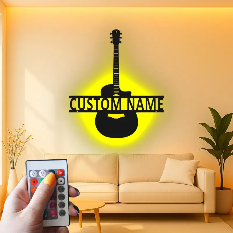Insegna LED personalizzata a forma di chitarra | Arte murale con nome del musicista | Decorazione in metallo per studio musicale | Regalo per chitarristi