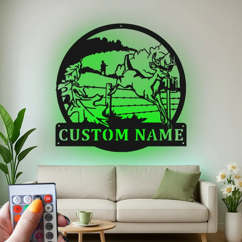 Décoration murale en métal personnalisée pour chasseur de cerfs avec rétroéclairage LED - Cadeau personnalisé pour chasseurs - Décor de cabane rustique 2