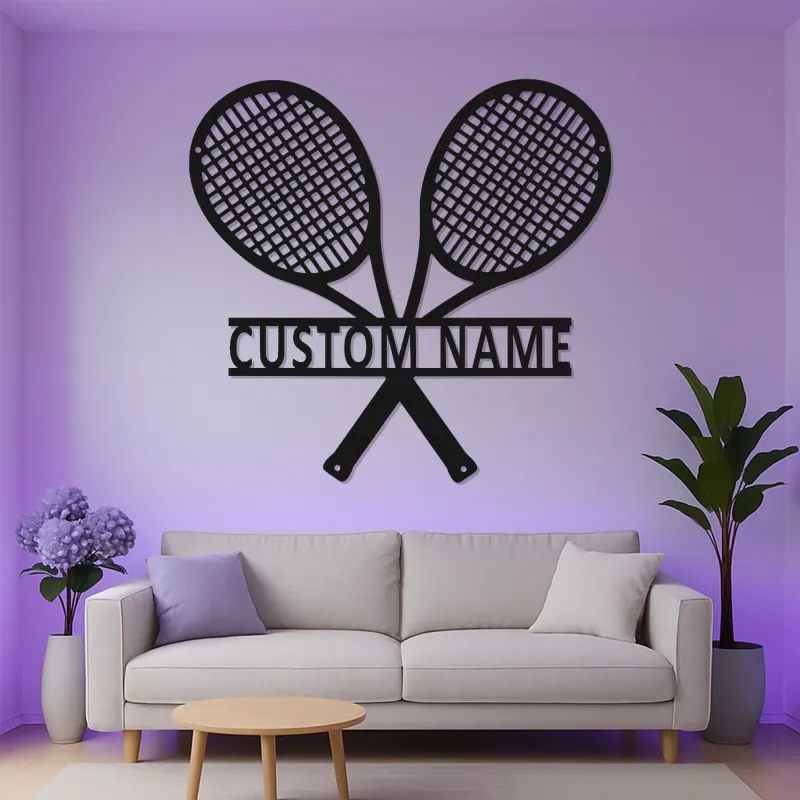 Enseigne LED personnalisée raquettes de tennis | Décoration murale en métal personnalisée | Décor sportif premium | Cadeau pour coach et enseigne de salle de jeux