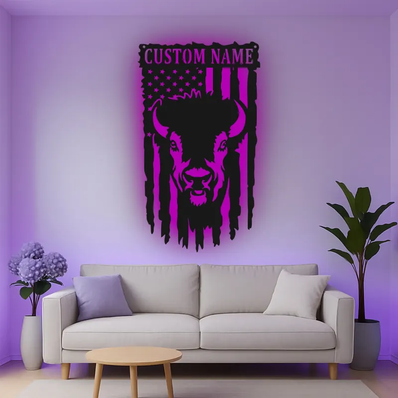 Décoration murale en métal personnalisée avec le drapeau américain et bison, rétroéclairage LED, cadeau rustique pour lui, décoration patriotique