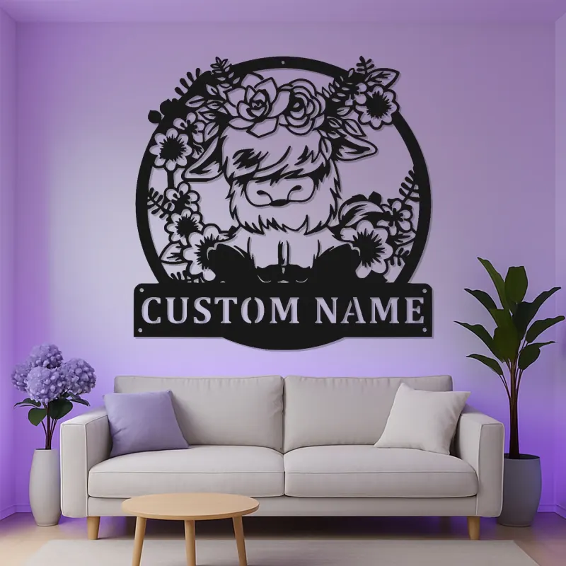 Highland Cow LED Metal Wall Art | Custom Name Sign | Floral Farmhouse Decor for Nursery & Salons | Gift for Cow Lovers