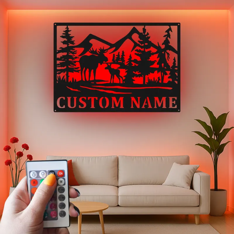Letrero de metal personalizado con alce | Arte mural LED personalizado de fauna salvaje | Decoración rústica para cabaña y letrero con nombre para refugio