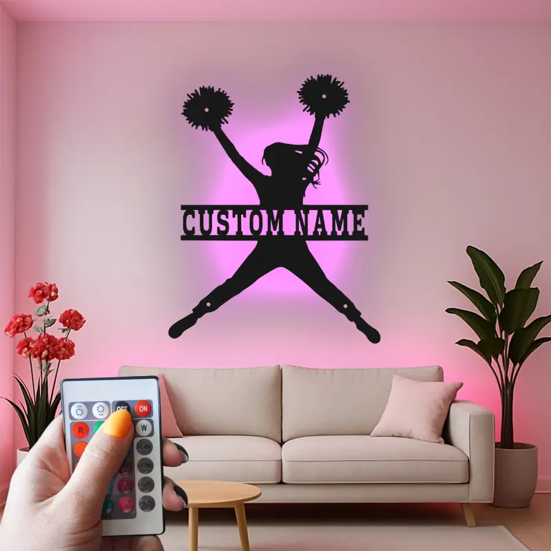 Insegna in metallo LED a silhouette di cheerleader personalizzata regalo per appassionati di cheer decorazione camera