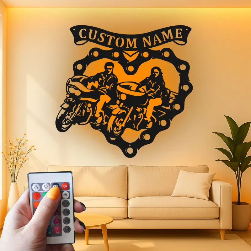 Personalisierte LED-beleuchtete Metall-Wandkunst für Motorradpaare – Biker Geschenk für Ihn oder Sie, Garagen- oder Man Cave Dekor