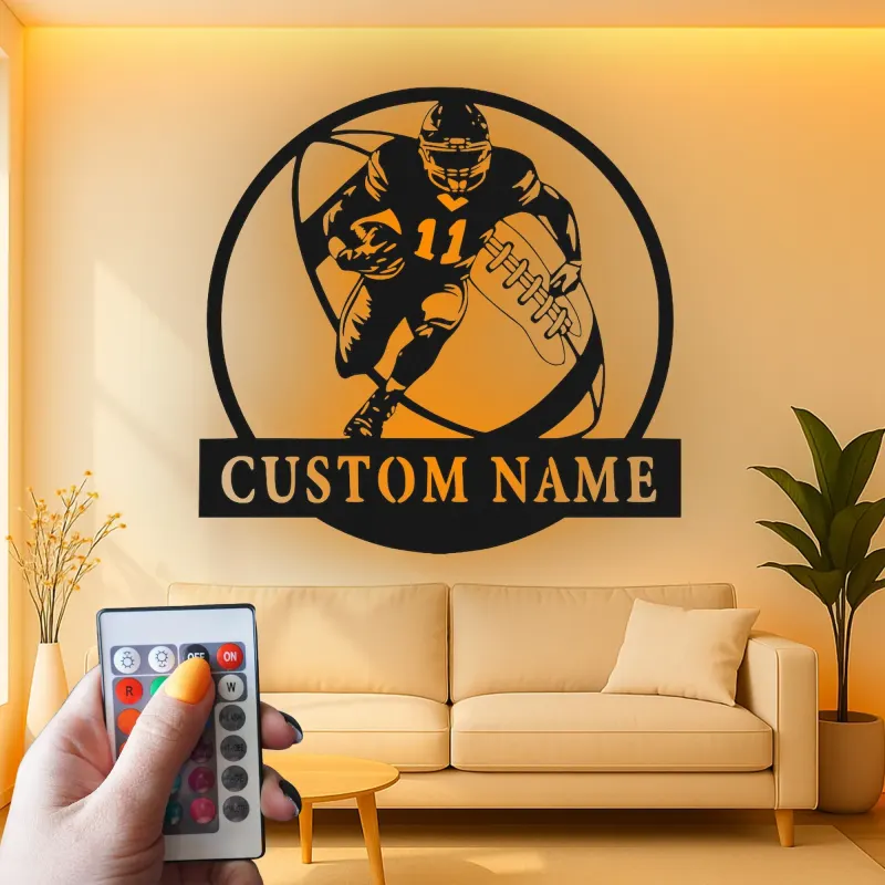 Insegna in metallo personalizzata per giocatore di football | Arte murale LED personalizzata | Decorazione con nome atleta per man cave e regalo per tifosi