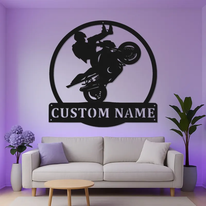 Insegna Wheelie Moto Personalizzata | Arte Murale in Metallo LED per Garage | Targa Nome Personalizzata per Biker | Regalo Stunt Rider
