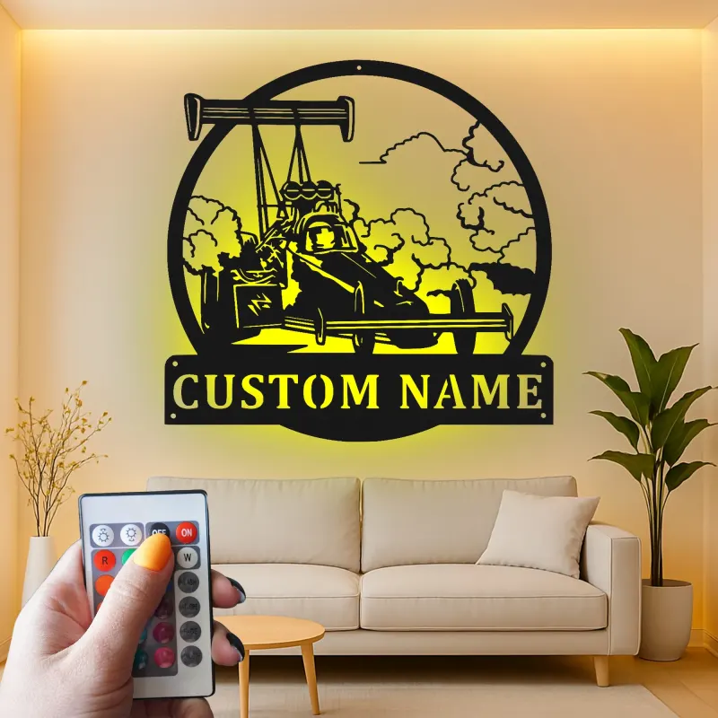 Cartel de metal personalizado con coche de carreras dragster con luz LED, regalo personalizado para entusiastas de los coches, decoración para garaje