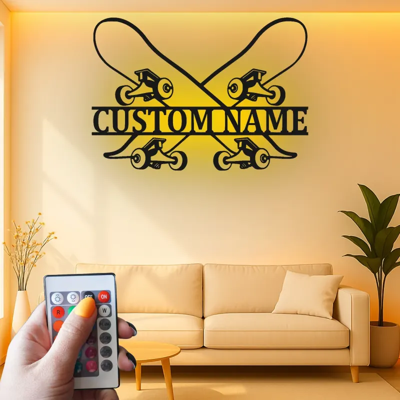 Personalisierte Skateboard LED-Licht Metall-Wandkunst Geschenk für Skater Jugendzimmer oder Skate-Shop Dekoration