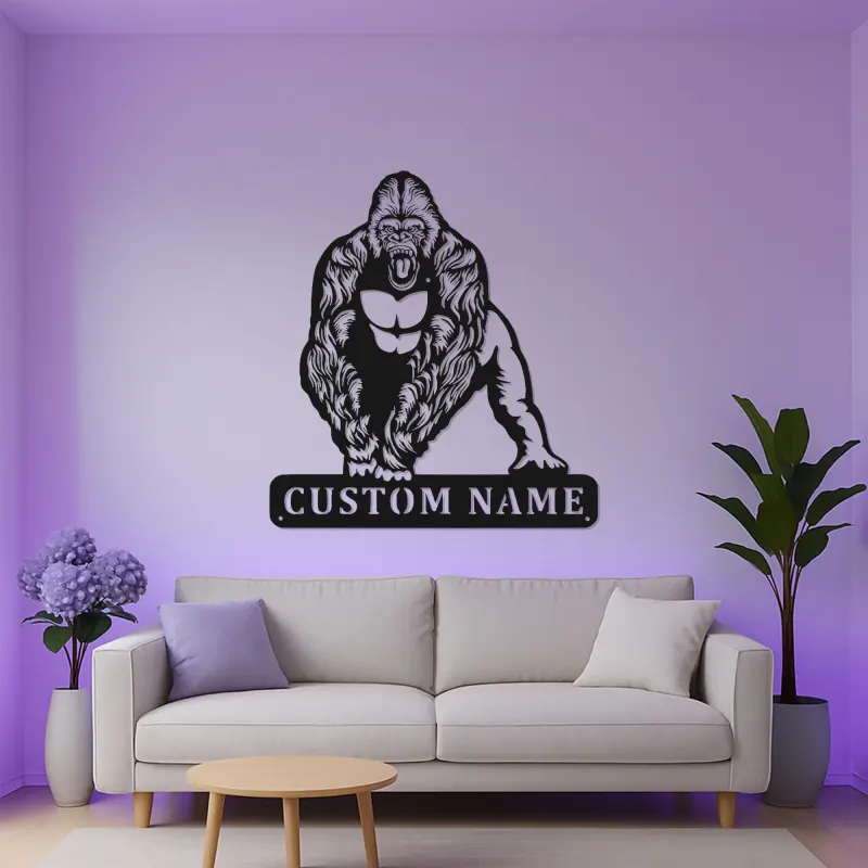Arte murale in metallo con gorilla e LED | Insegna personalizzata con nome per man cave, home gym | Decorazione personalizzata con fauna selvatica