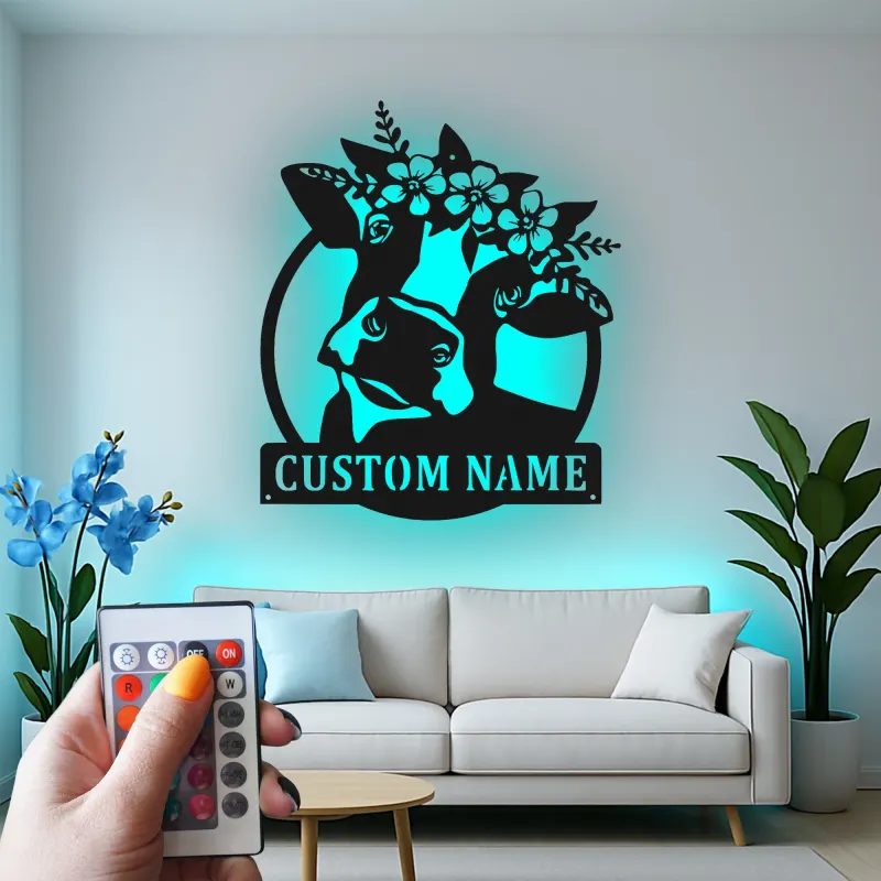 Custom Deer with Floral Crown Led Light Metal Wall Art Personalized Nature Lover Gift Bedroom or Living Room Decor