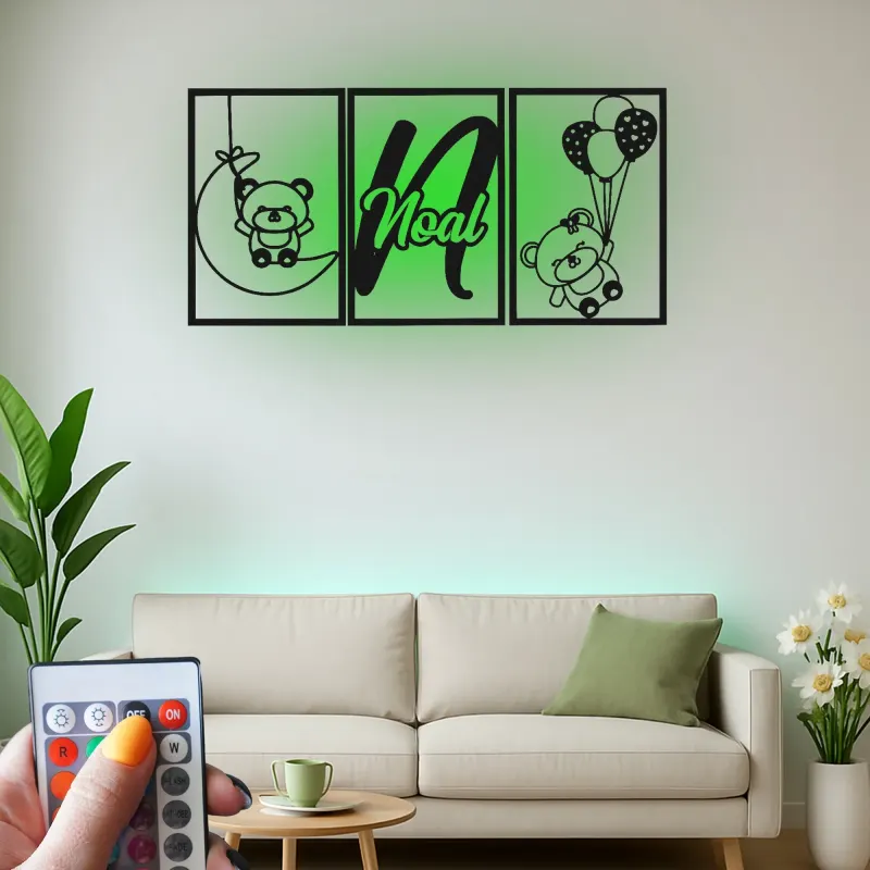 Cartel de nombre de oso de peluche personalizado | Arte mural de metal LED para guardería | Decoración de habitación de bebé personalizada | Regalo de recuerdo para recién nacidos