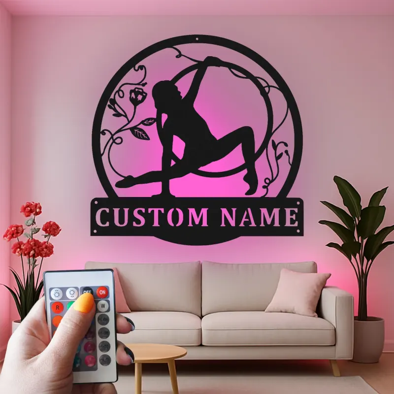 Cartel LED personalizado de gimnasia artística | Decoración mural de metal personalizada para habitación de niña | Decoración de aro aéreo