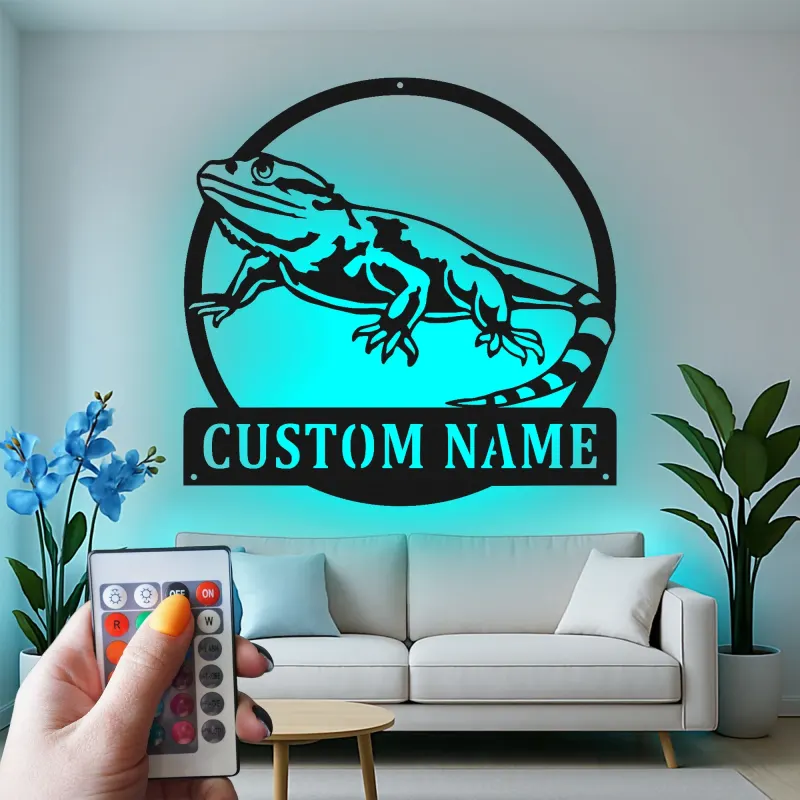 Cartel de metal personalizado con luz LED de dragón barbudo Regalo para amantes de reptiles Decoración de dormitorio o salón 3