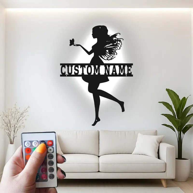 Cartel de metal personalizado con luz LED de silueta de hada, regalo personalizado para la decoración de dormitorio de chicas