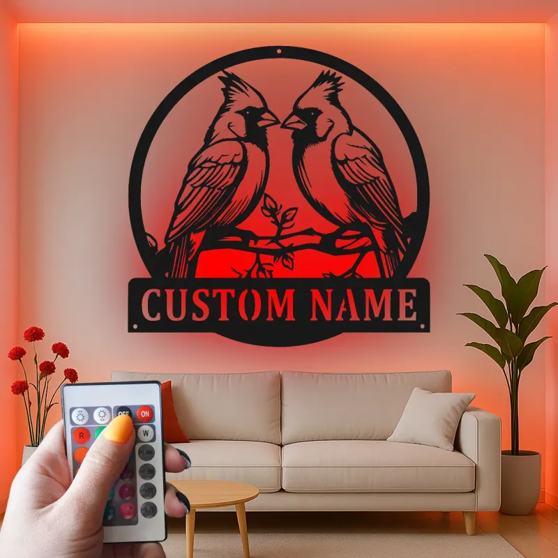 Personalisierte LED-Metall-Wandkunst mit Kardinalpaar – Geschenk für Vogelliebhaber, Naturdeko fürs Wohnzimmer