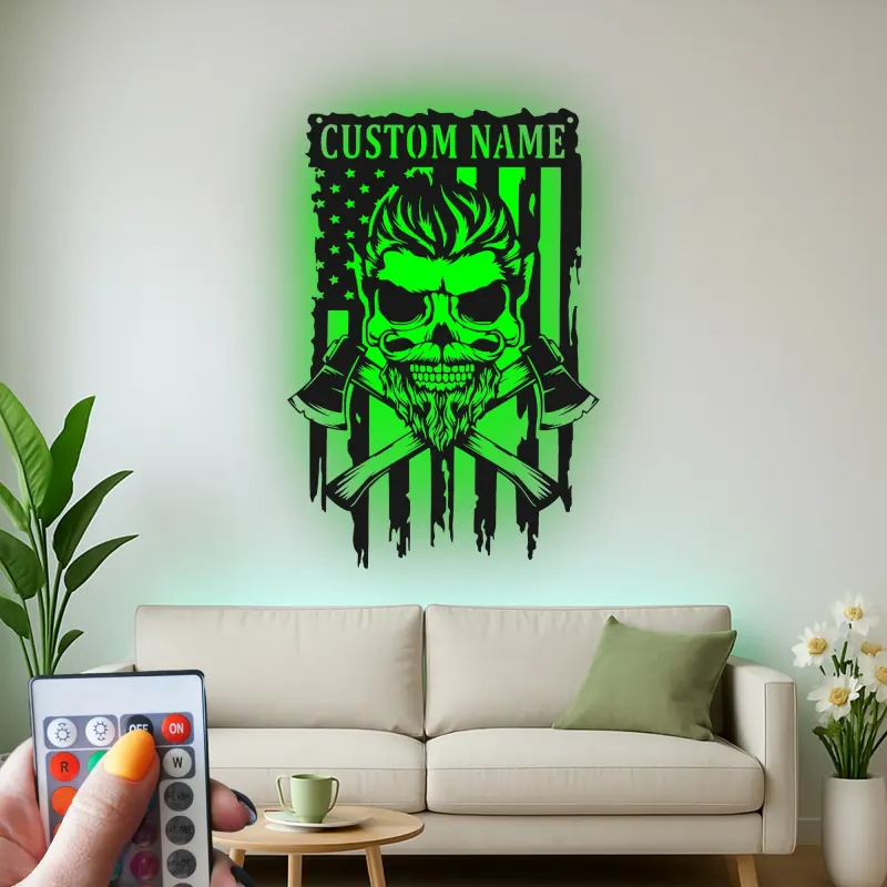 Insegna Personalizzata per Vigile del Fuoco | Arte in Metallo Teschio LED con Bandiera Americana | Regalo con Nome Personalizzato per Vigile del Fuoco | Decorazione Parete Man Cave e Garage