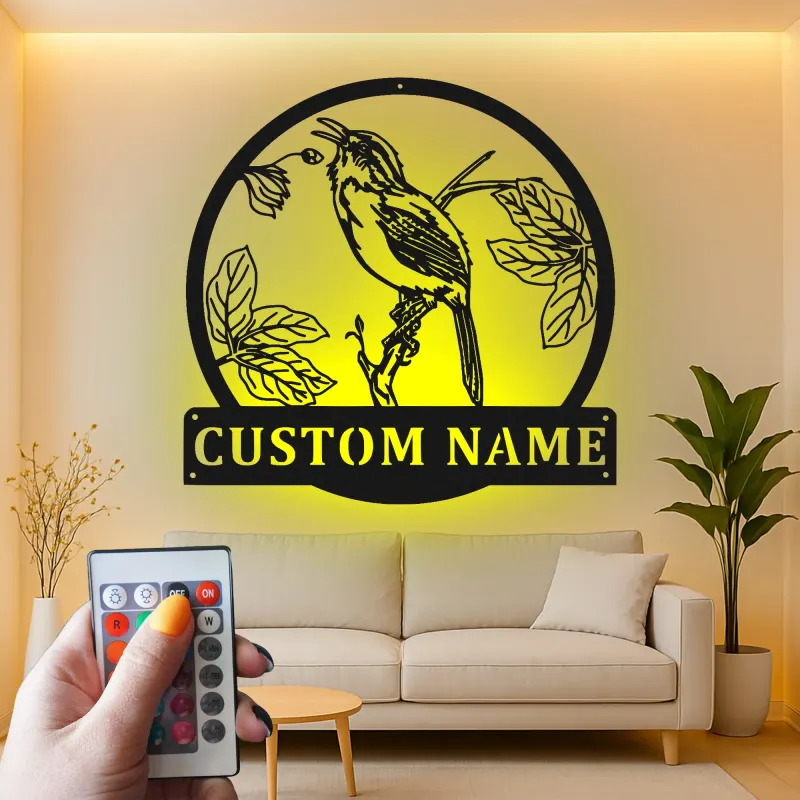 Personalisiertes LED-beleuchtetes Metall-Wandkunst mit Vogel und Zweig – Geschenk für Naturfreunde, Garten- oder Terrassendekor