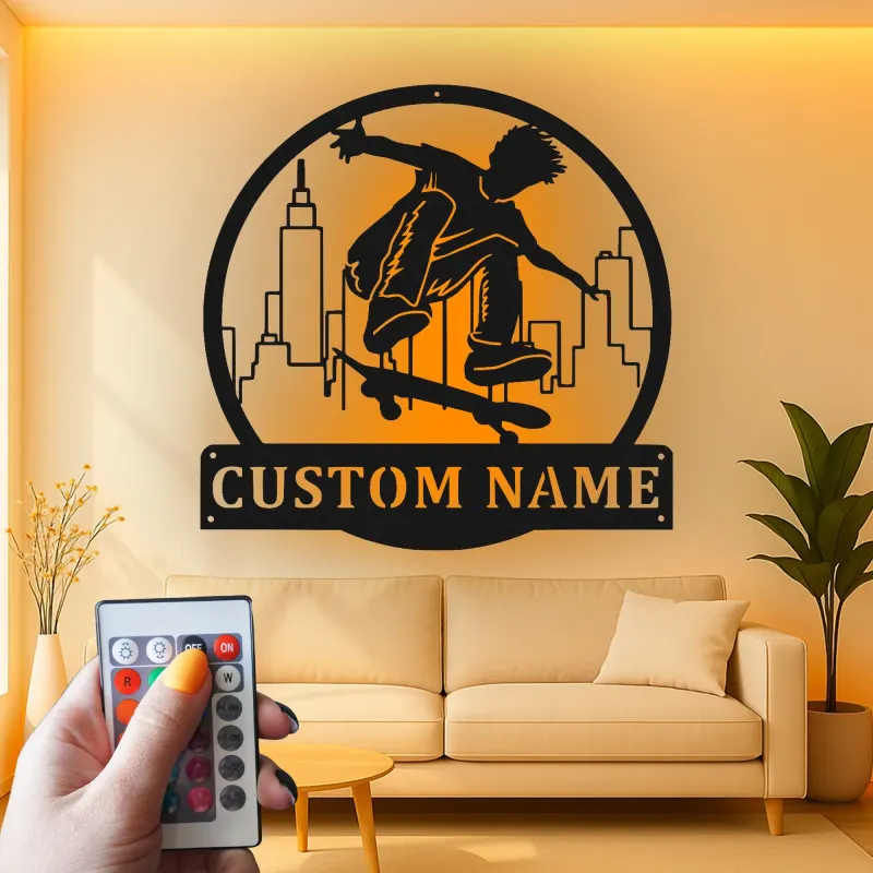Insegna LED con nome per skateboarder | Arte da parete in metallo personalizzata per camera dei ragazzi | Decorazione urbana per skater personalizzata | Regalo per figlio