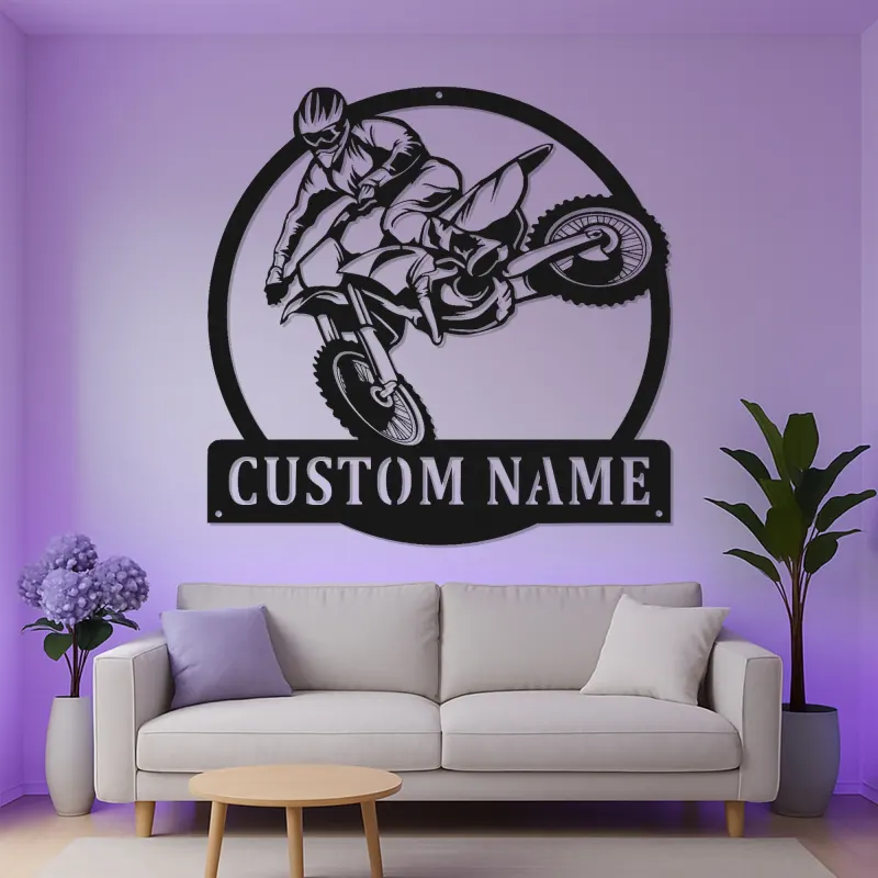 Insegna in Metallo Motocross | Arte da Parete LED Personalizzata per Moto da Cross | Nome Personalizzato per Garage o Camera da Letto di Adolescenti