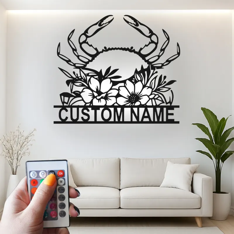 Personalisierte Krabbe mit Blumenmotiv – LED-Metall-Wandkunst, Küstengeschenk für Strandhaus-Deko
