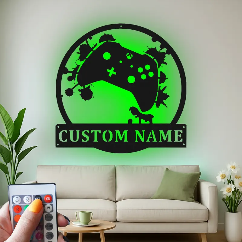 Insegna gamer personalizzata | Insegna LED in metallo personalizzata | Decorazione per sala giochi per ragazzi e uomini | Targa luminosa con controller e nome