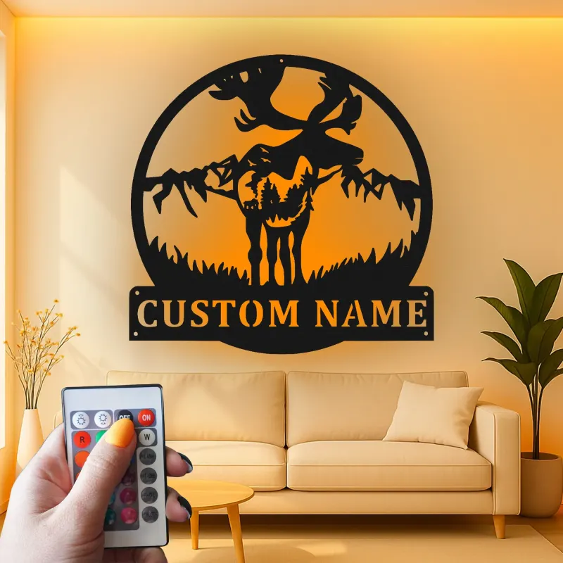 Cartel de metal personalizado de alce | Decoración mural de fauna salvaje con luces LED | Decoración rústica para cabaña y regalo para cazadores