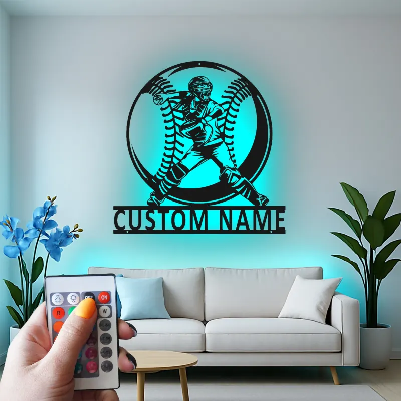 Insegna in metallo personalizzata per giocatore di softball con luce LED regalo per atleti decorazione per sala giochi sportiva