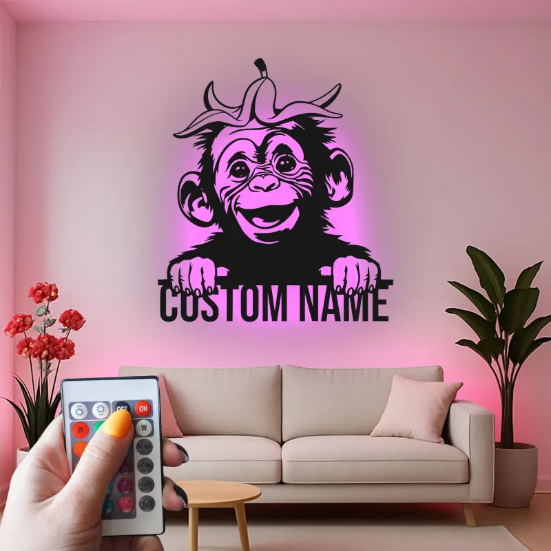Personalisierte Schimpansen Namensschild | LED Metall-Wandkunst | Lustiges Affenlicht für Kinderzimmer & Babyzimmer | Individuelle Tierdekoration