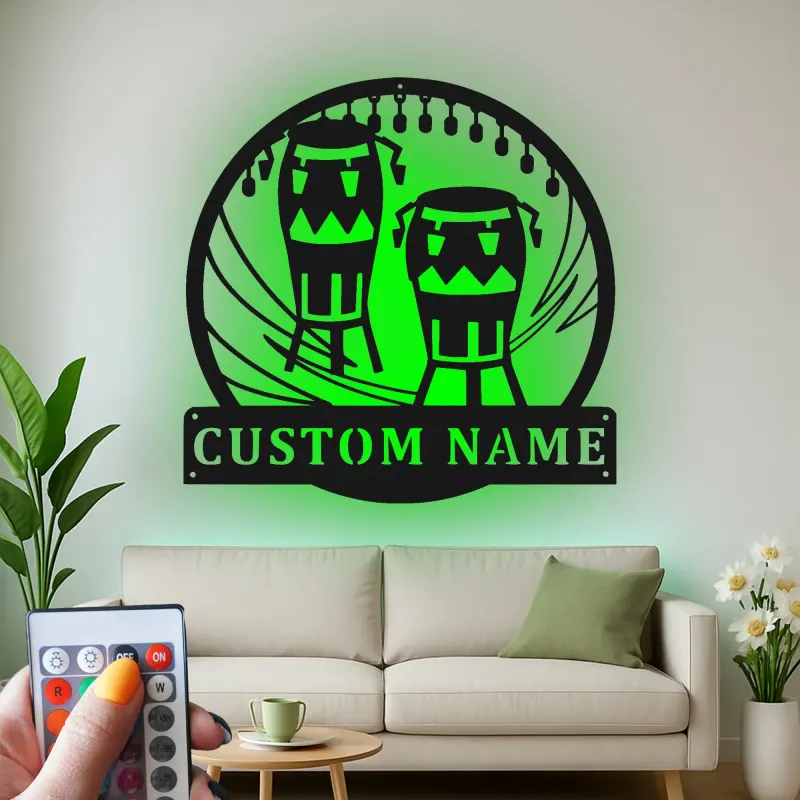 Cartel de metal personalizado con luz LED de bongos para regalo de músico, decoración de sala de música