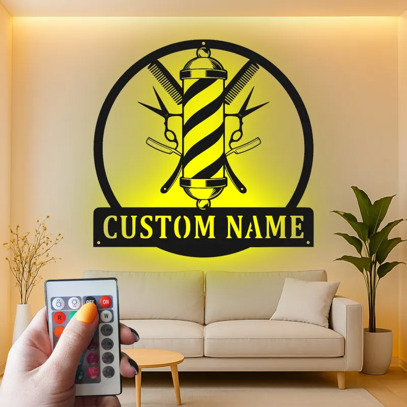 Décoration murale en métal personnalisée avec rétroéclairage LED en forme de poteau de barbier - Cadeau pour salon ou barbier