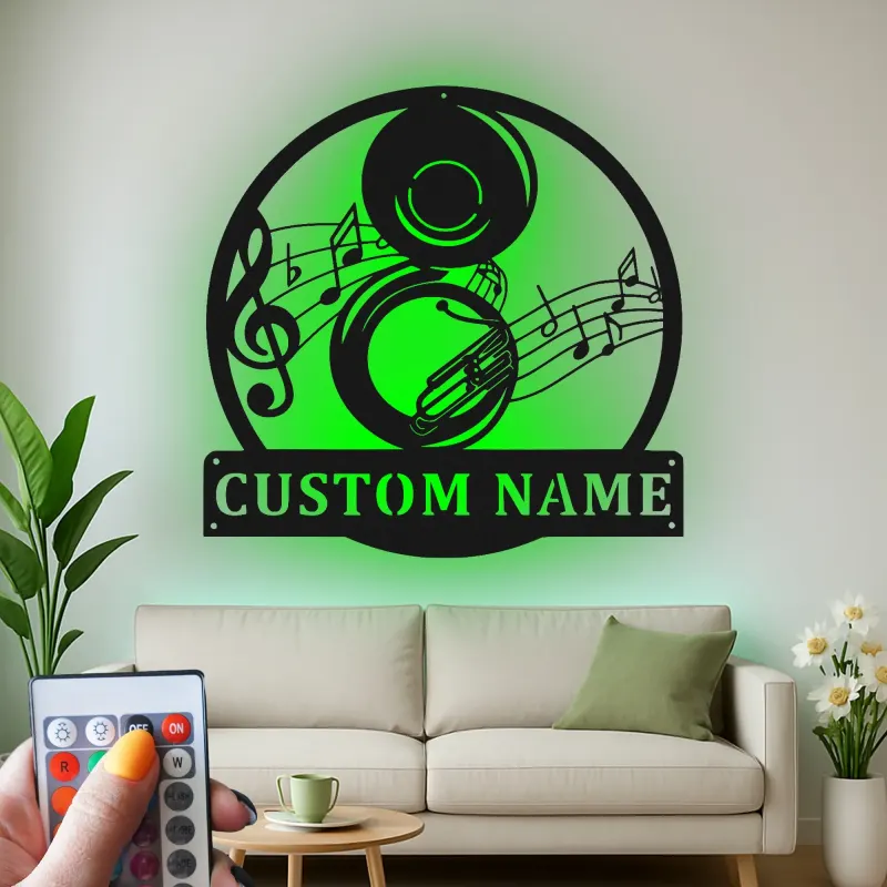 Panneau en métal LED personnalisé pour musicien | Art mural personnalisé de tuba | Décoration de notes de jazz pour studio et bar à domicile | Cadeau pour musicien