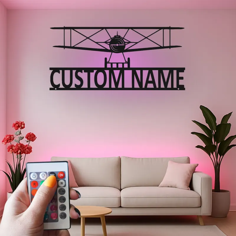 Décoration murale en métal LED personnalisée Biplan Cadeau d'aviation pour pilote Décor de hangar pour passionnés d'aviation
