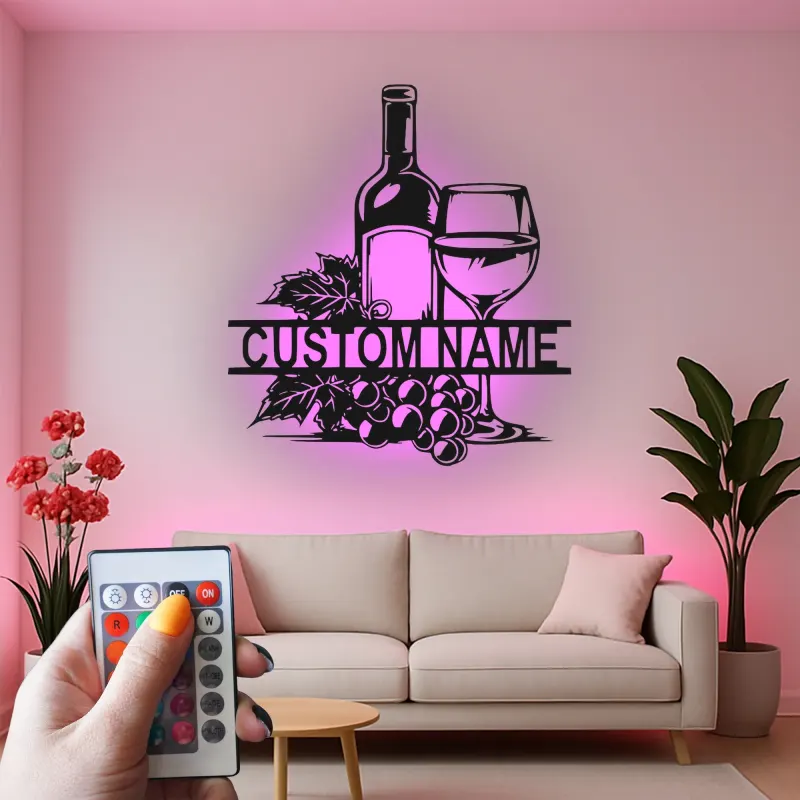Décoration murale en métal personnalisée avec bouteille de vin et verre en rétroéclairage - Cadeau pour les amateurs de vin, décoration de cuisine ou de bar