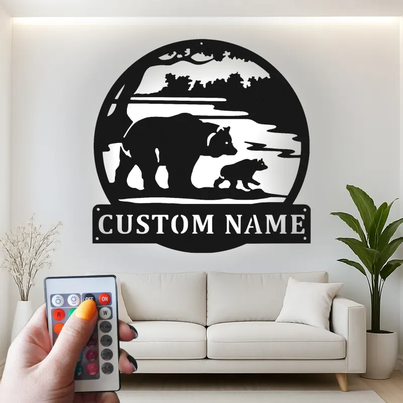 Cartel de metal LED Familia de Osos personalizado Regalo de naturaleza para familias Decoración de cabaña o sala