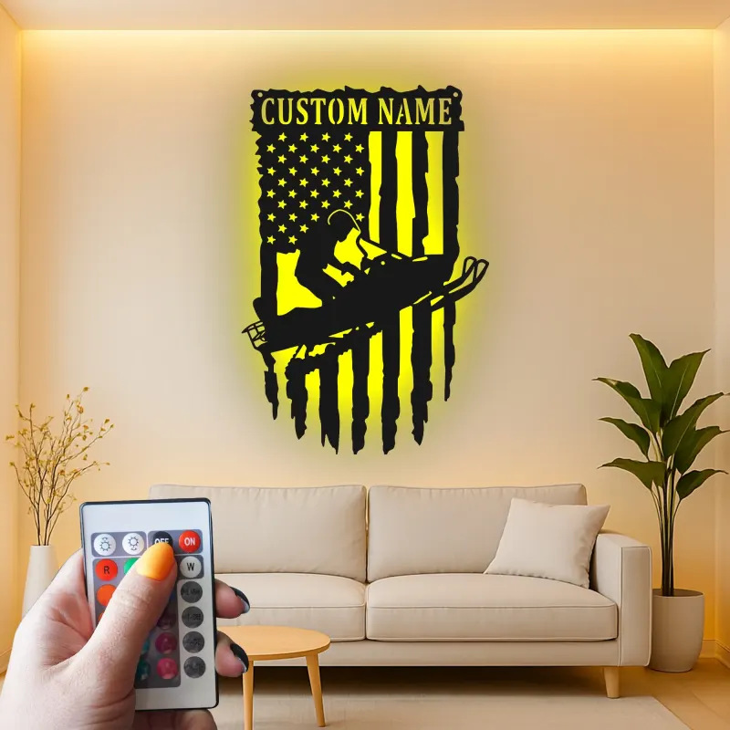 Custom Snowmobile Metal Sign | Personalized American Flag LED Art | Winter Sports Decor for Garage | Snowmobiler Gift