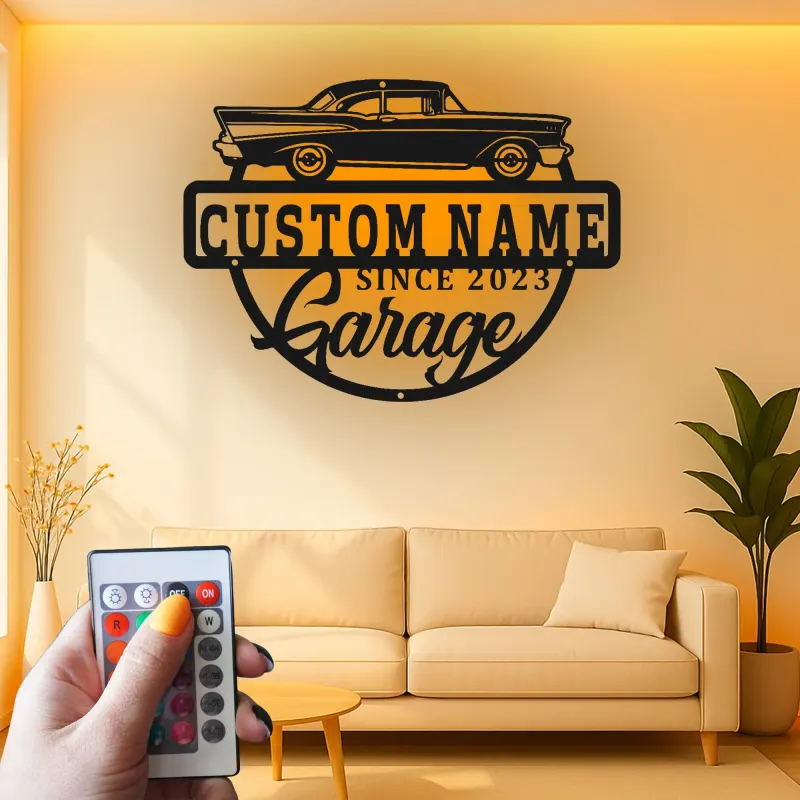Décoration murale en métal personnalisée de voiture classique avec rétroéclairage LED - Cadeau de garage pour passionnés de voitures