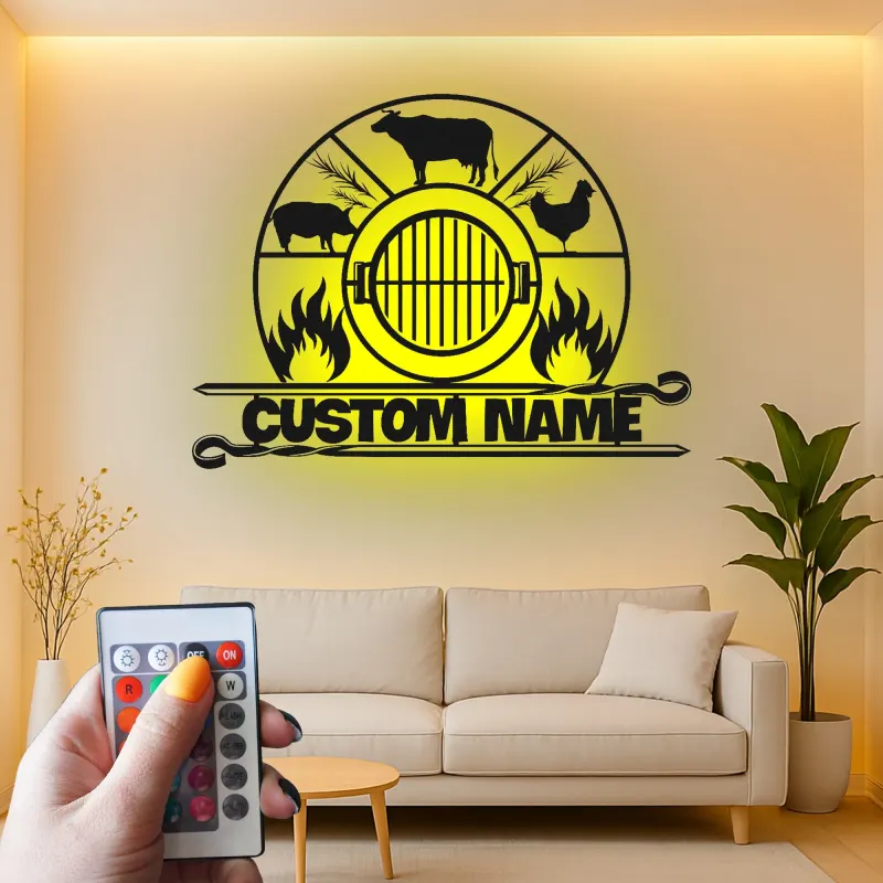Insegna in metallo LED personalizzata per BBQ - Regalo per maestri della griglia e decorazione per patio