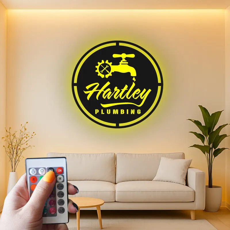 Insegna Logo Idraulico Personalizzata | Arte in Metallo LED per Laboratorio | Decorazione Industriale con Rubinetto e Ingranaggio | Regalo Personalizzato per Man Cave