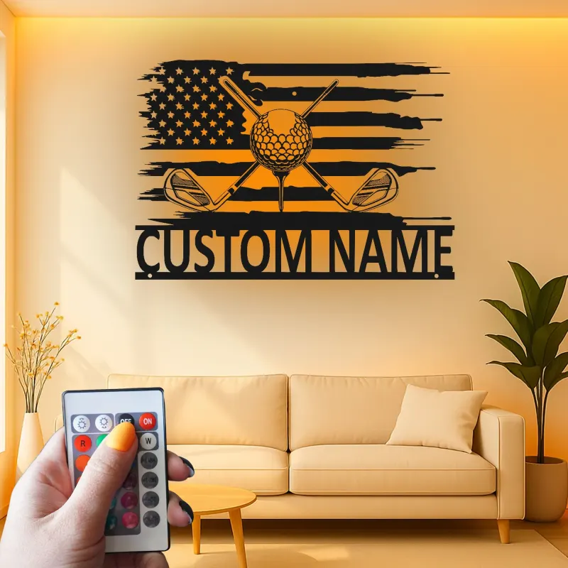 Insegna con nome da golf personalizzata | Arte da parete LED in metallo con bandiera americana | Regalo personalizzato per golfista per man cave