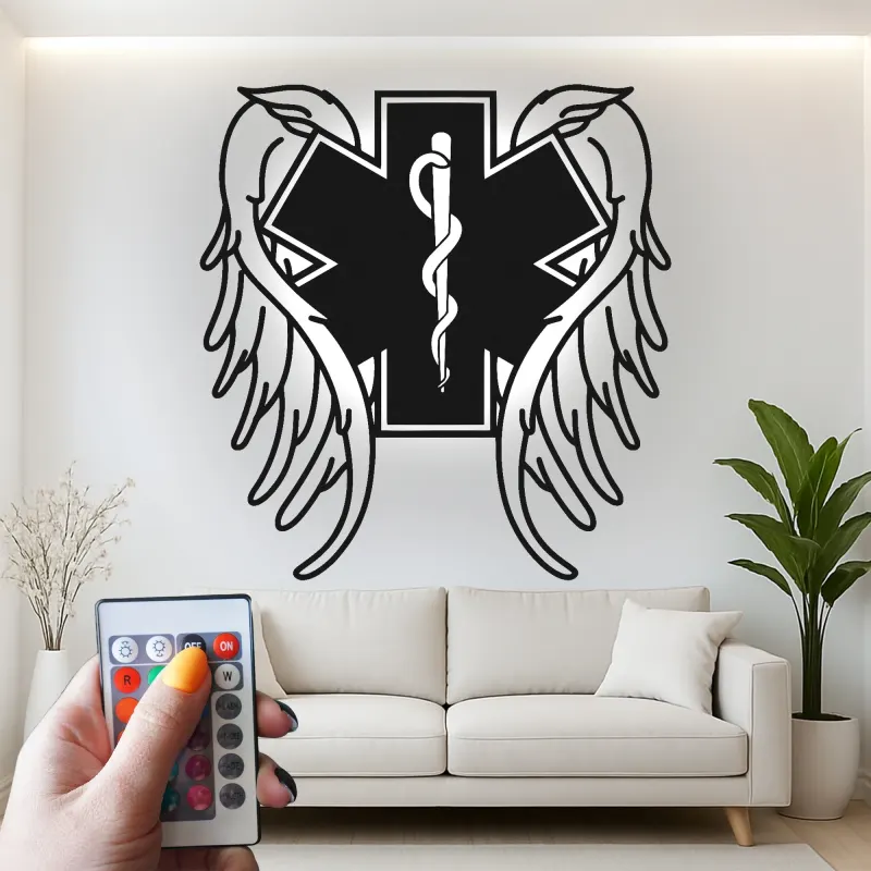 Insegna LED Star of Life | Arte in metallo personalizzata per EMT e paramedici | Simbolo medico con ali d'angelo | Regalo per primo soccorritore e decorazione per cliniche
