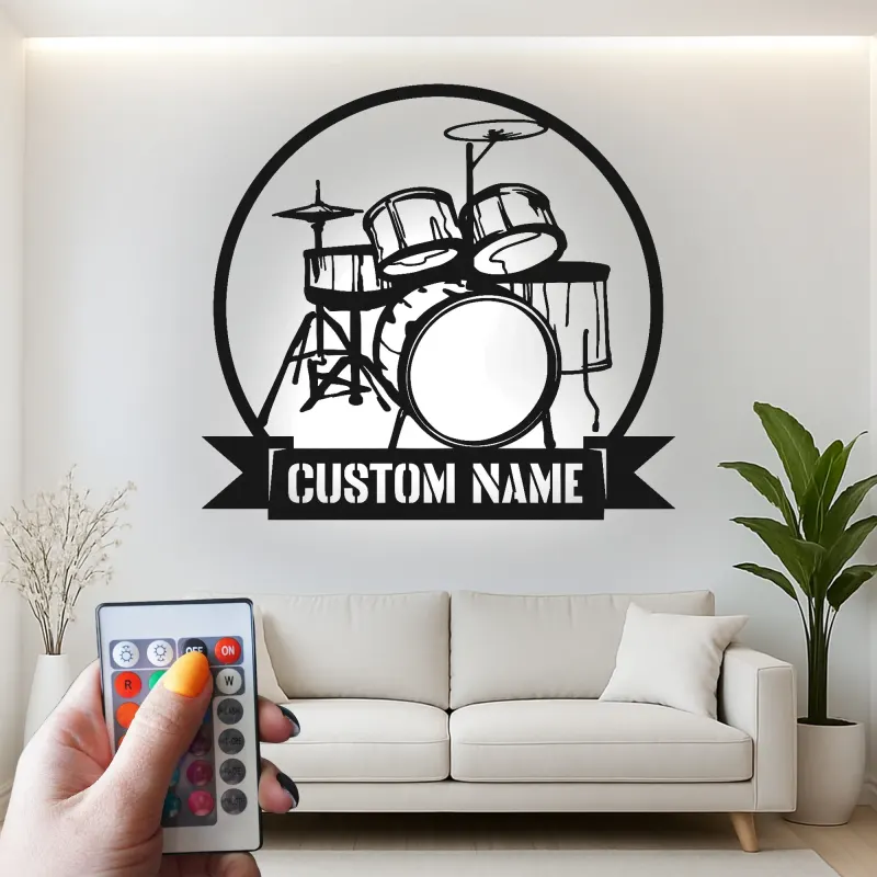 Custom Drum Set Led Light Metal Wall Art Personalized Musician Gift Studio or Music Room Decor 3