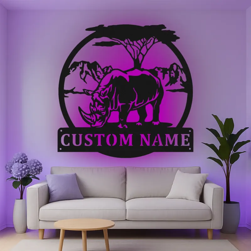 Décoration murale en métal personnalisée Safari Rhinocéros avec rétroéclairage LED Cadeau animalier Décor unique pour les amoureux de la nature