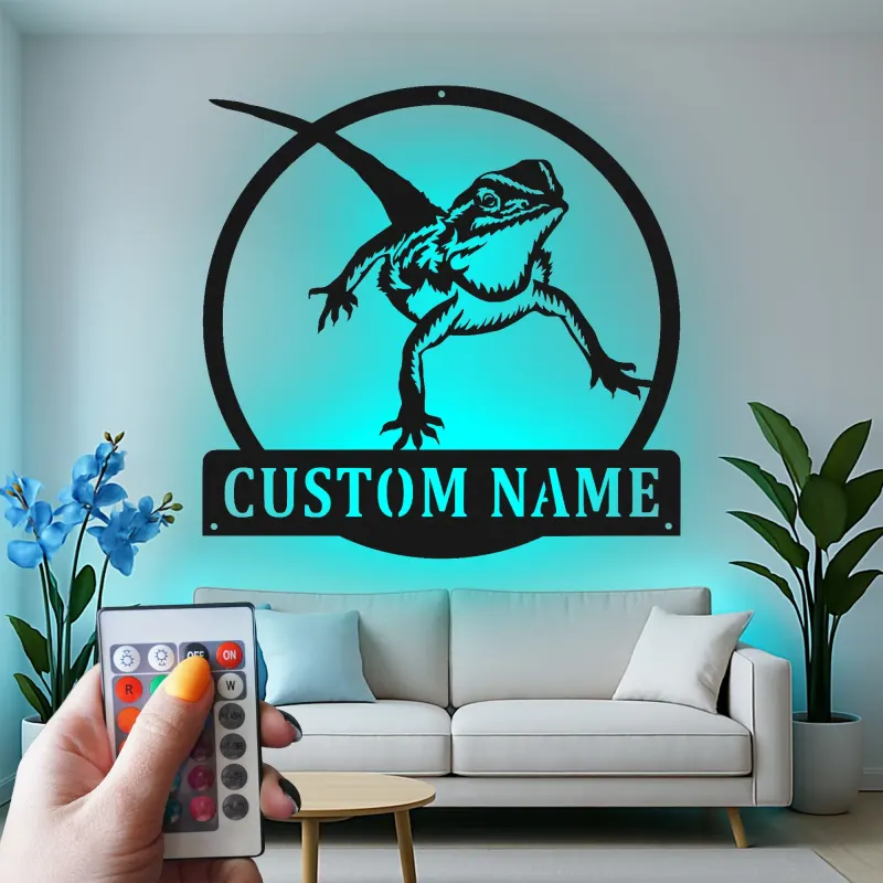 Custom Bearded Dragon Led Light Metal Wall Art Personalized Reptile Lover Gift Unique Bedroom Decor