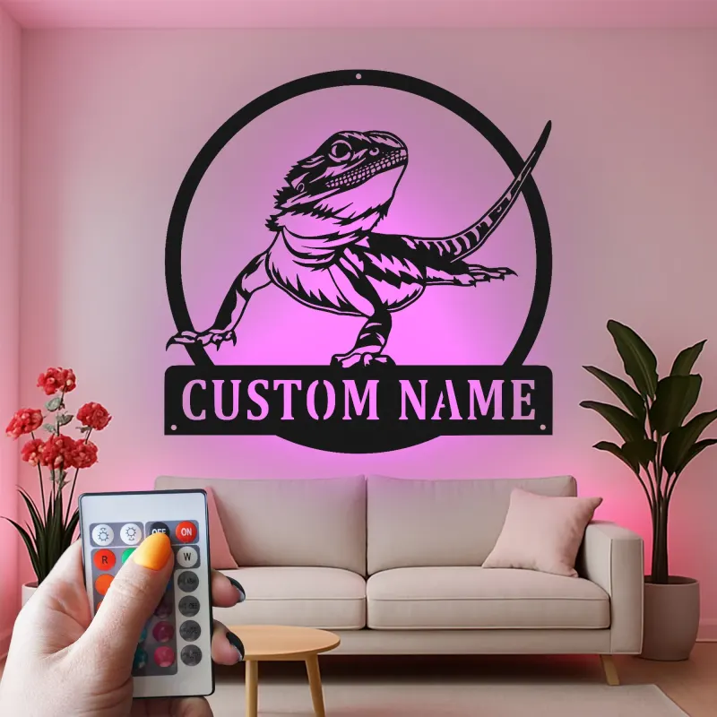 Insegna in metallo personalizzata con luci LED a forma di drago barbuto - Regalo per amanti dei rettili - Decorazione per camera da letto o soggiorno 1