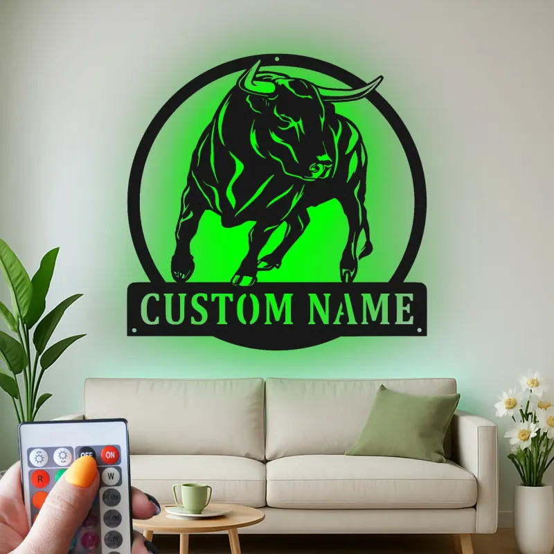 Décoration murale en métal personnalisée avec éclairage LED de taureau - Cadeau pour éleveurs - Décor de ferme rustique
